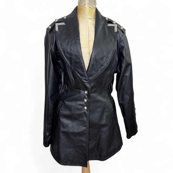 80s Vintage Leather Jacket Studded Medium Black Rocker Steampunk Pirate Medieval - Picture 1 of 16